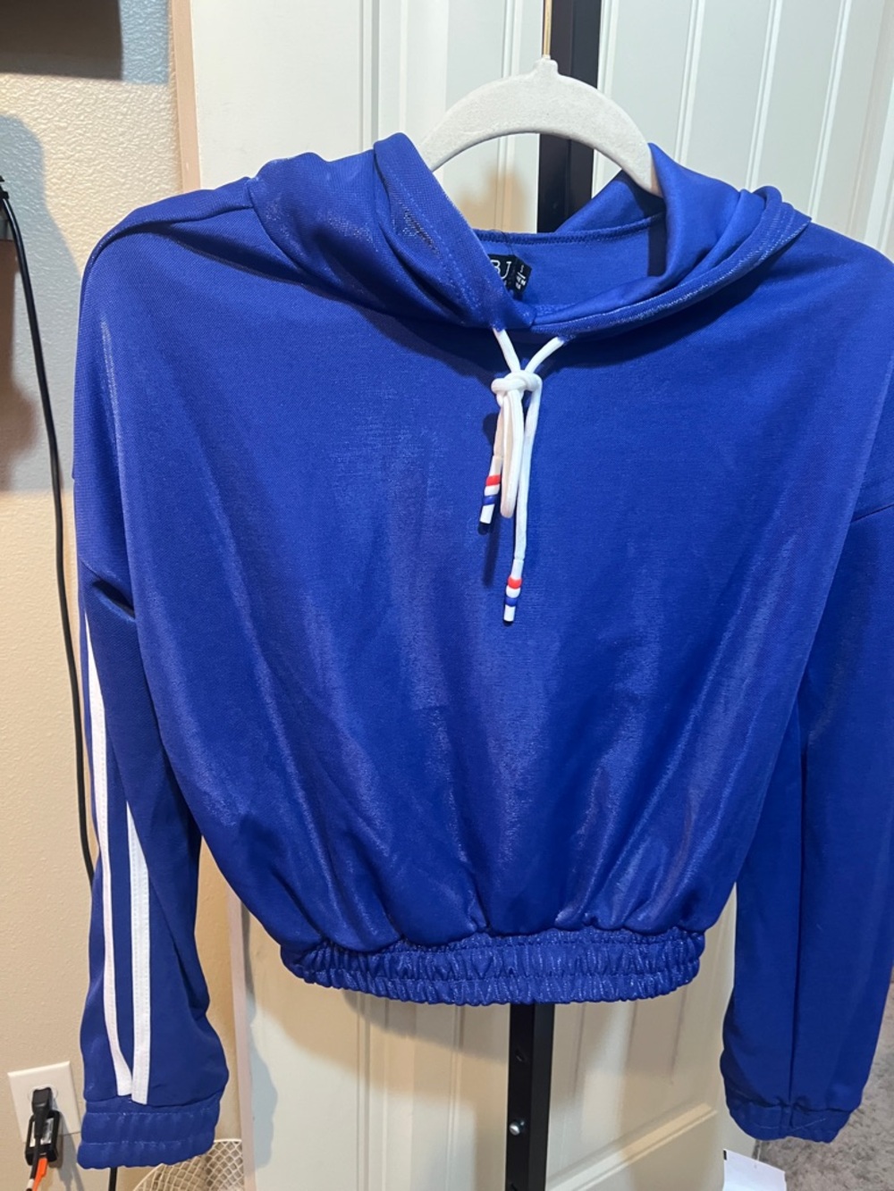 Blue Cropped Hoodie with Stripe Drawstring from BBJ